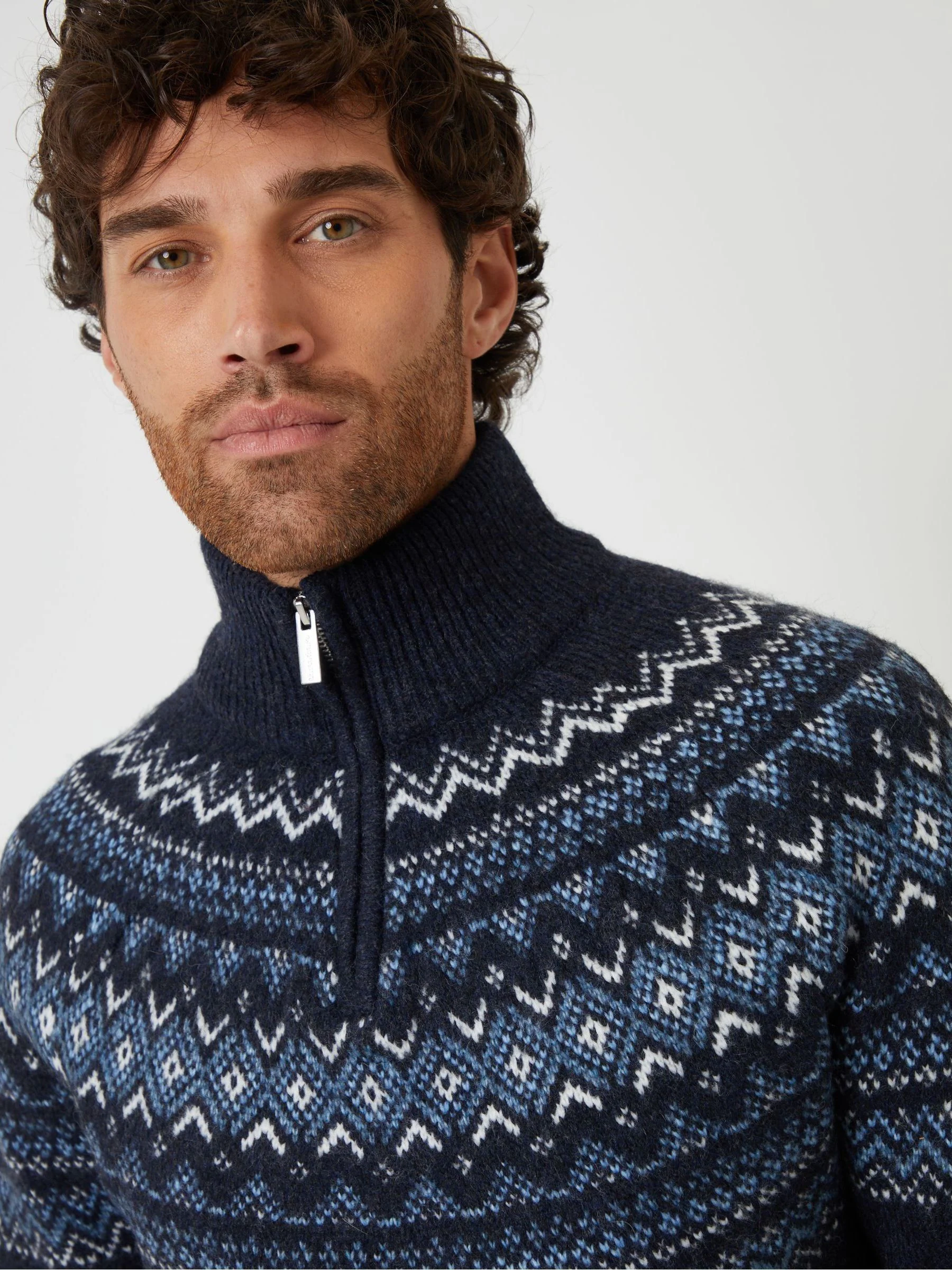 Blauw - Threadbare Fairisle Quarter Zip Knitted Jumper