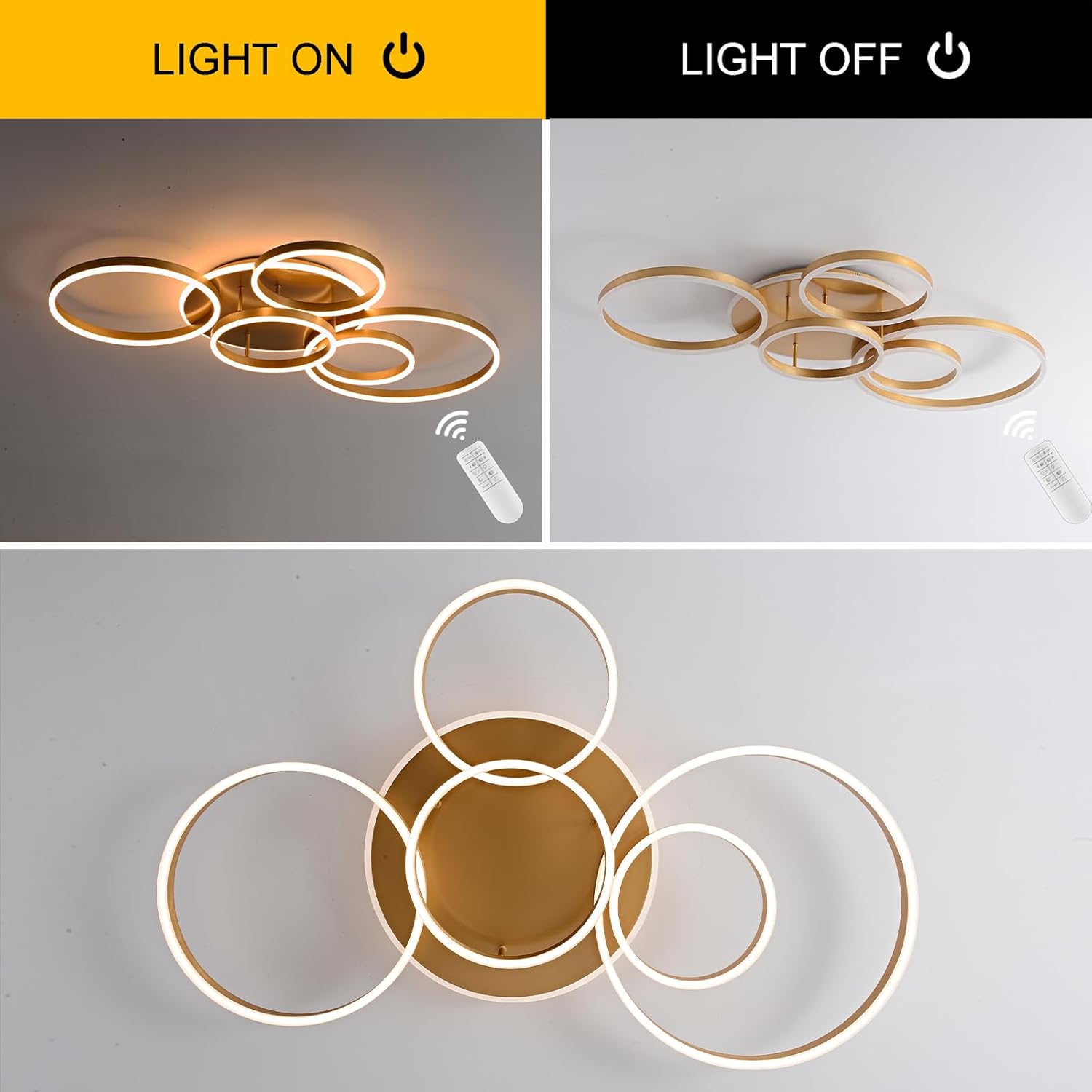 Dimmbare Led Deckenleuchte,116Cm Unterputz-Wohnzimmerlampe,108 W,6400 Lm,Deckenleuchte Mit Fernbedienung,6-Ring-Kronleuchter FüR Wohnzimmer, Schlafzimmer,Esszimmer, 3000–6000 K,Deckenlampe Gold,