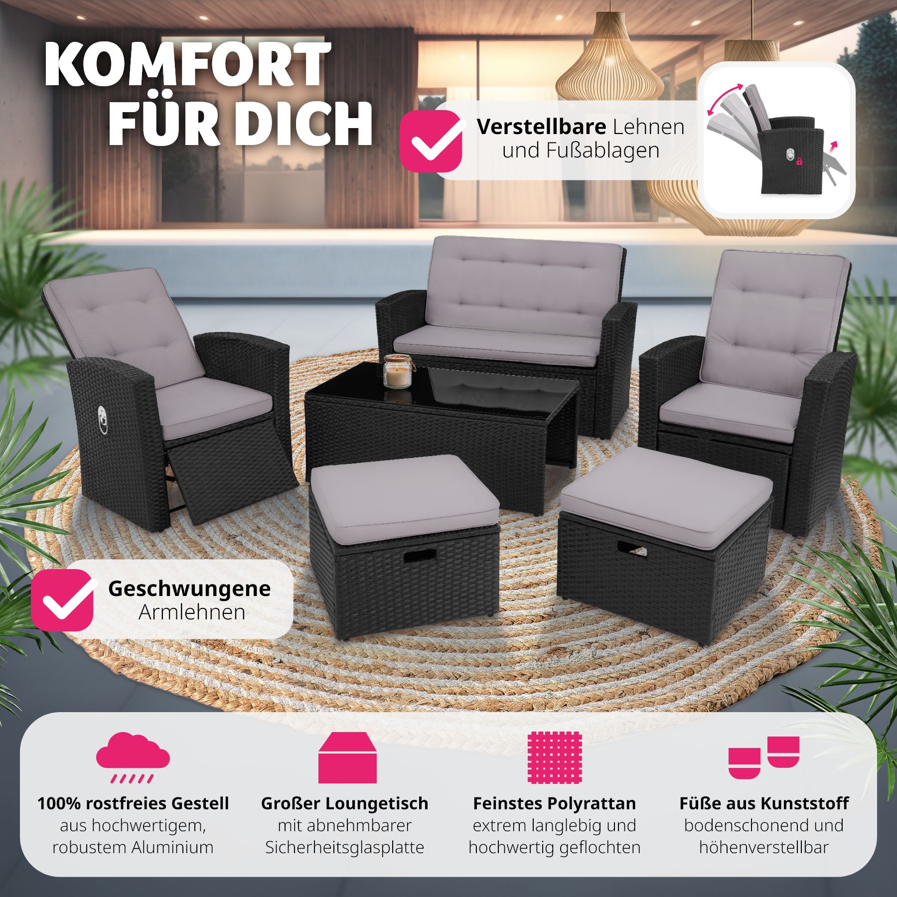 tectake® Rattan Lounge, mit Aluminiumgestell, wetterfest und UV-beständig, mit Sicherheitsglasplatte und Schraubfüßen