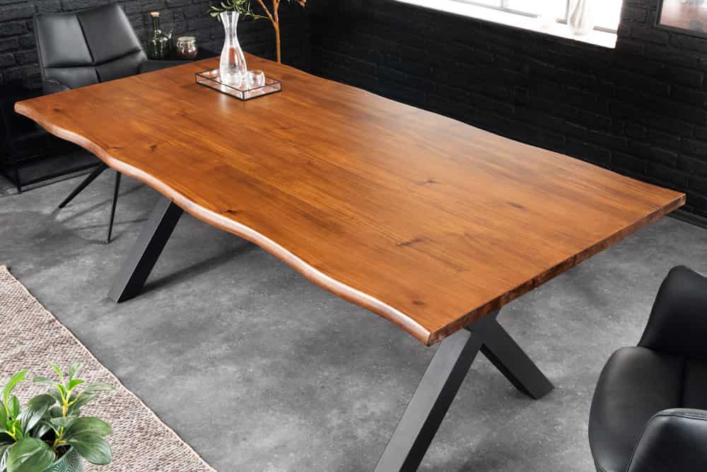Massiver Esstisch GENESIS 200cm braun Akazienholz schwarz X-Gestell Baumkante