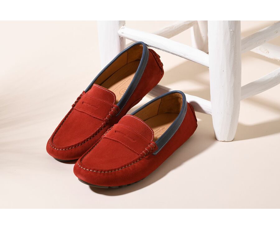 Mocassin été homme cuir Velours Rouge Et Cuir Navy - FERGUSON