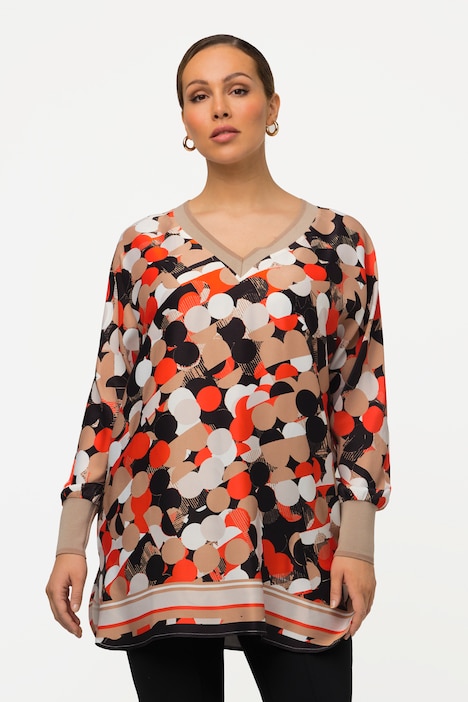 Tunika, Punkte, Satin, Oversized, V-Ausschnitt, 3/4-Arm