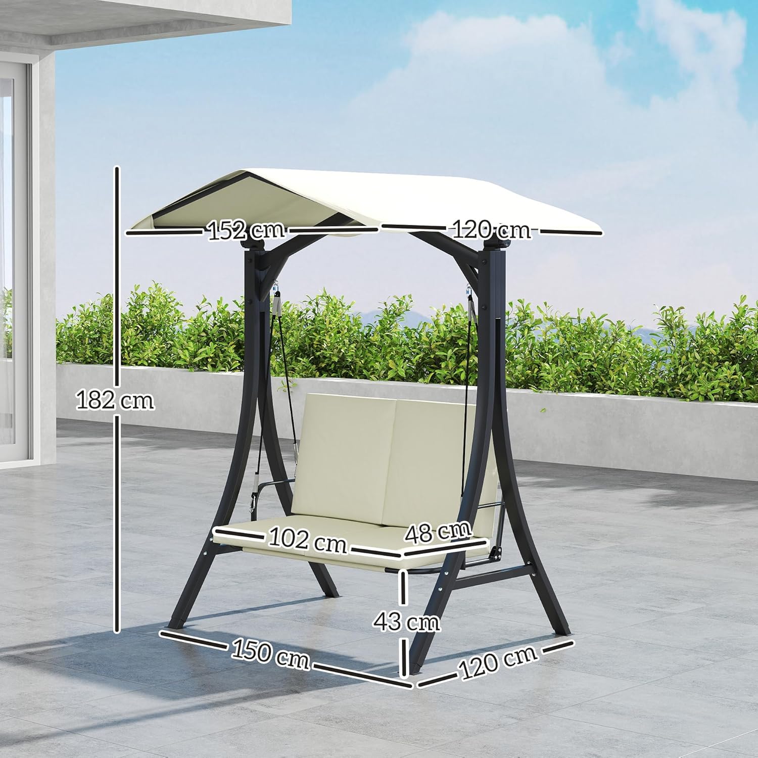Outsunny Hollywoodschaukel mit verstellbarem Sonnendach Sitzauflage, 2-Sitzer Gartenschaukel belastbar bis 220kg, UV 30+ Schaukelbank für Garten, Terrasse, 150x120x182cm, Cremeweiß