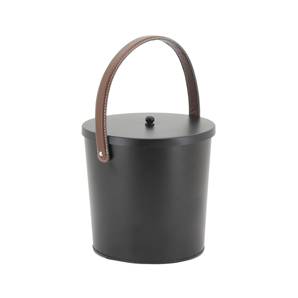 Seau à cendres en métal noir et cuir