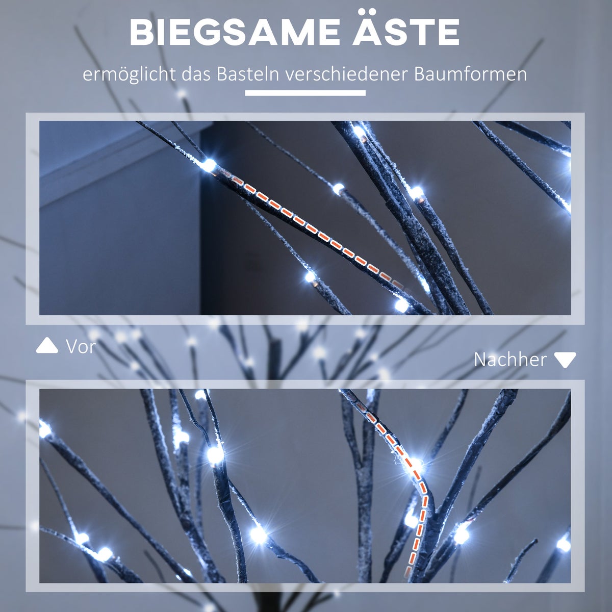 HOMCOM 150 cm Kunstberkenboom met 96 LED's, Kunstsneeuw, Kerstboom, Kunstberk voor Feesten, Verjaardagen, Bruiloften, Bruin