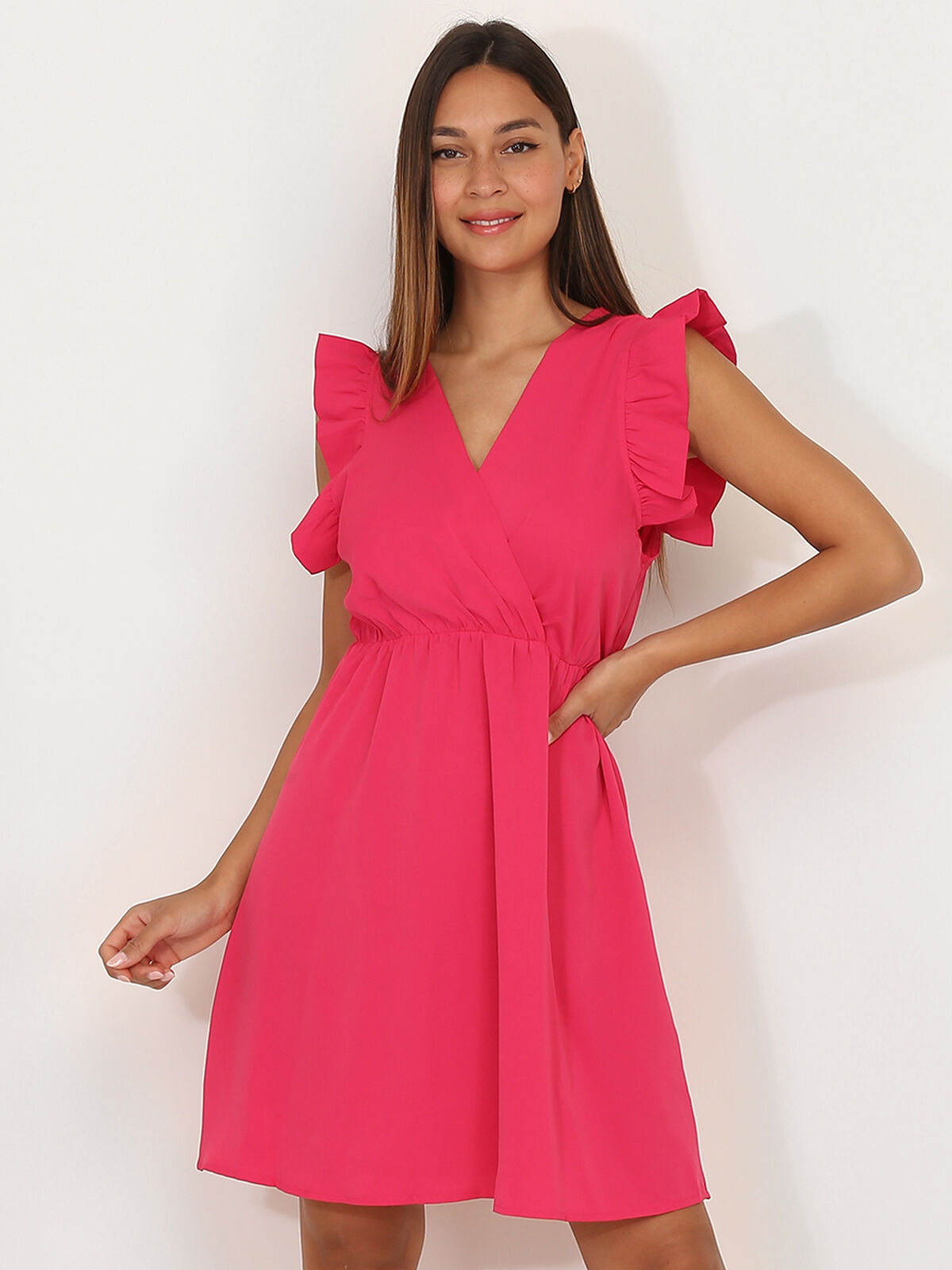 Robe patineuse cache cœur à volants- Fuchsia