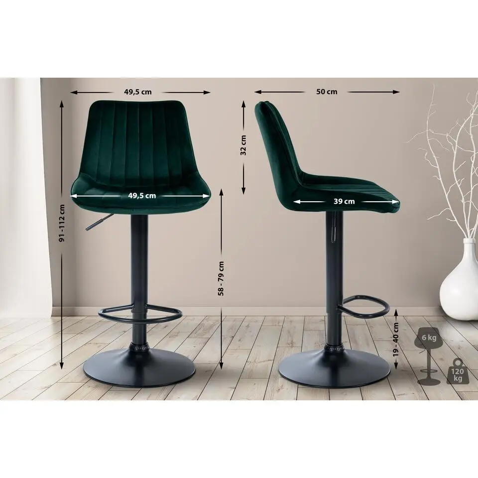 CLP Barkruk Toni zwart Frame - Fluweel - groen