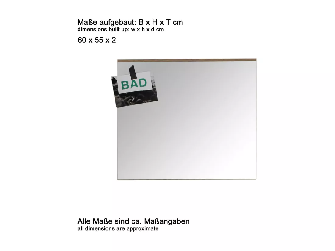 Meuble de salle de bain - Miroir avec un détail en mélaminé chêne. L-H-P : 60 - 55 - 2 cm