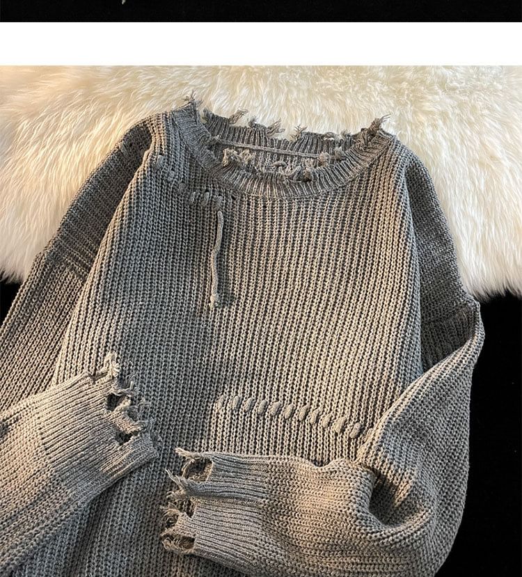 Sinlarity - Ronde hals effen trui met distressed effect