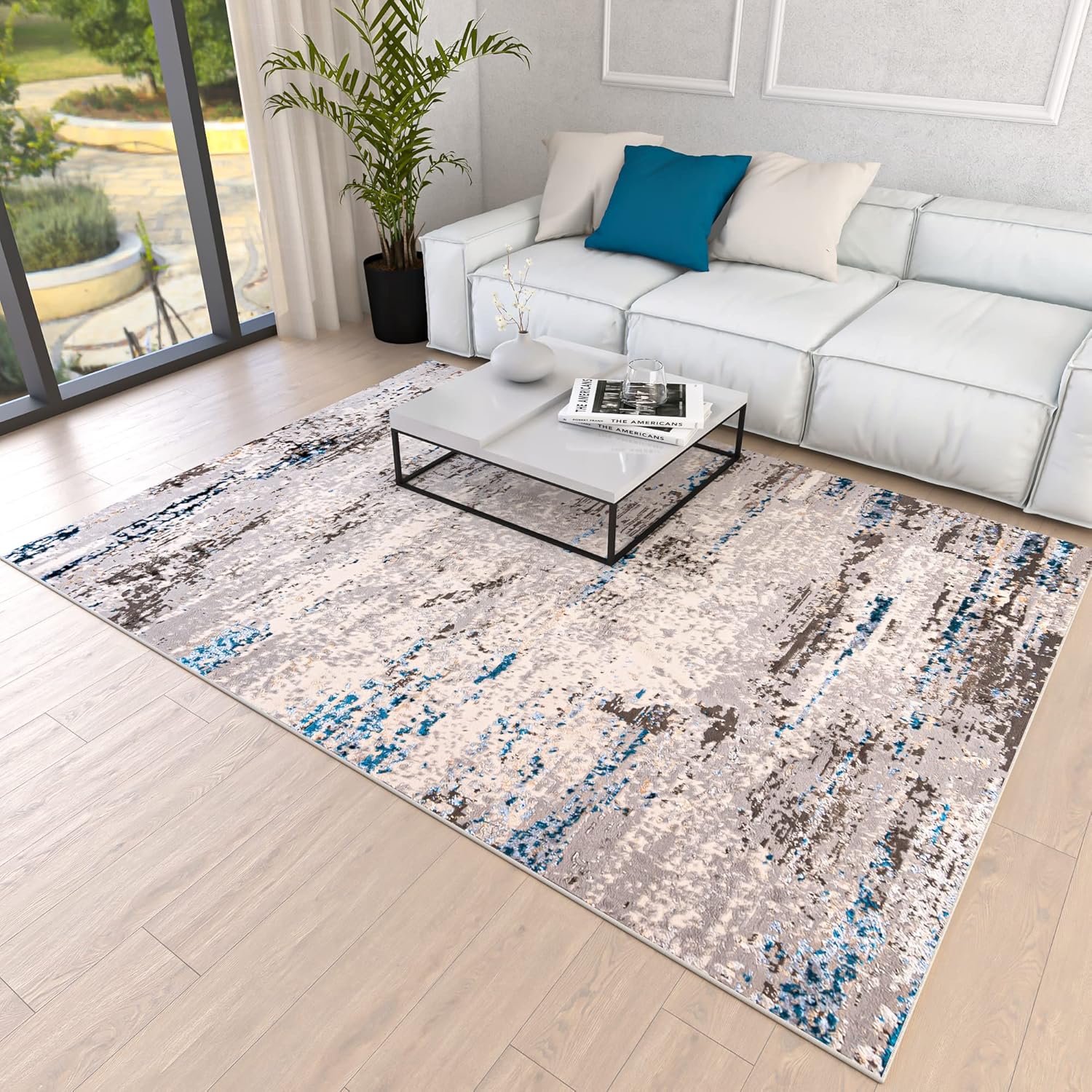 Mazovia Abstraktes Vintage Designer Teppich - Kurzflor - Weich Teppich für Wohnzimmer, Esszimmer - ÖKO-TEX Wohnzimmerteppich - Teppiche Beige Blau Grau 300 x 400 cm