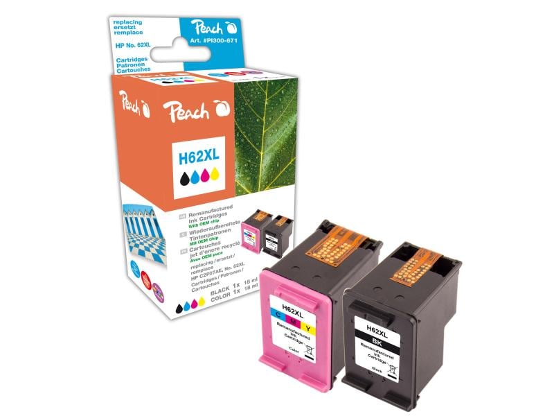 Peach Tintenset HP Nr. 62XL C, M, Y, BK Tinte, Black, Color