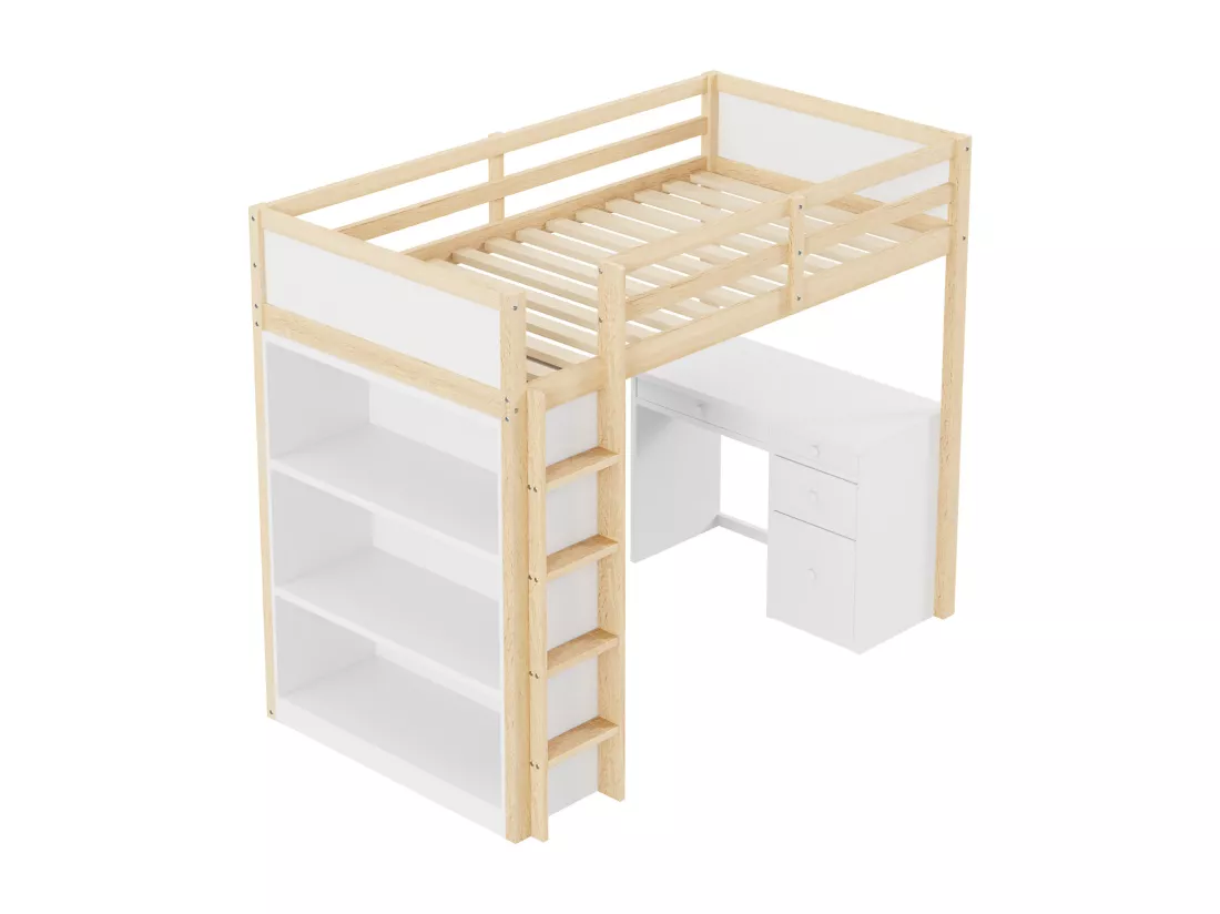 Lit mezzanine 90 x 200 cm avec armoires de rangement et table d'ordinateur, lit mezzanine enfant multifonctionnel en bois naturel