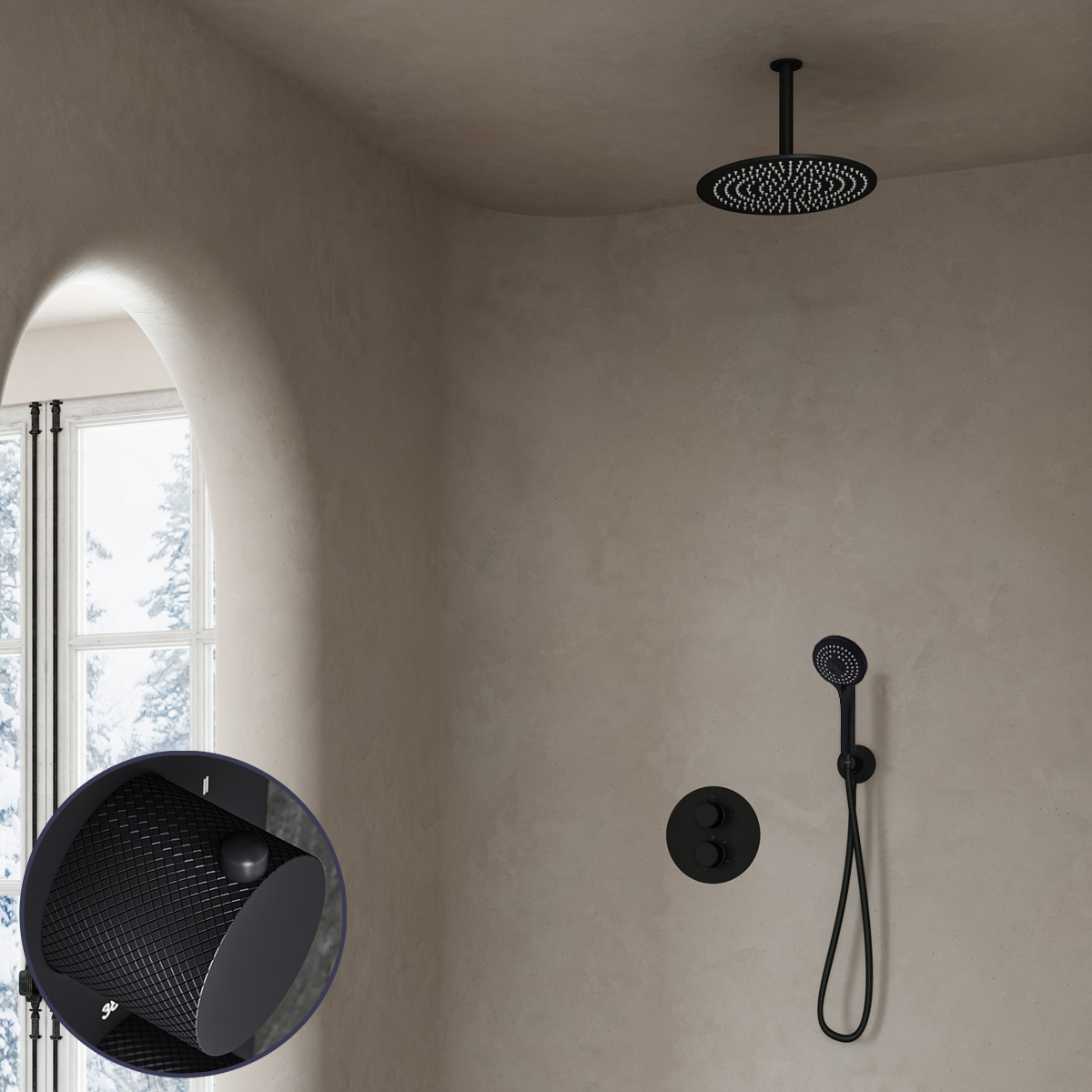 Saniclear Nero Curved inbouw regendouche rond met 20cm hoofddouche, plafondarm en 3 standen handdouche zwart mat