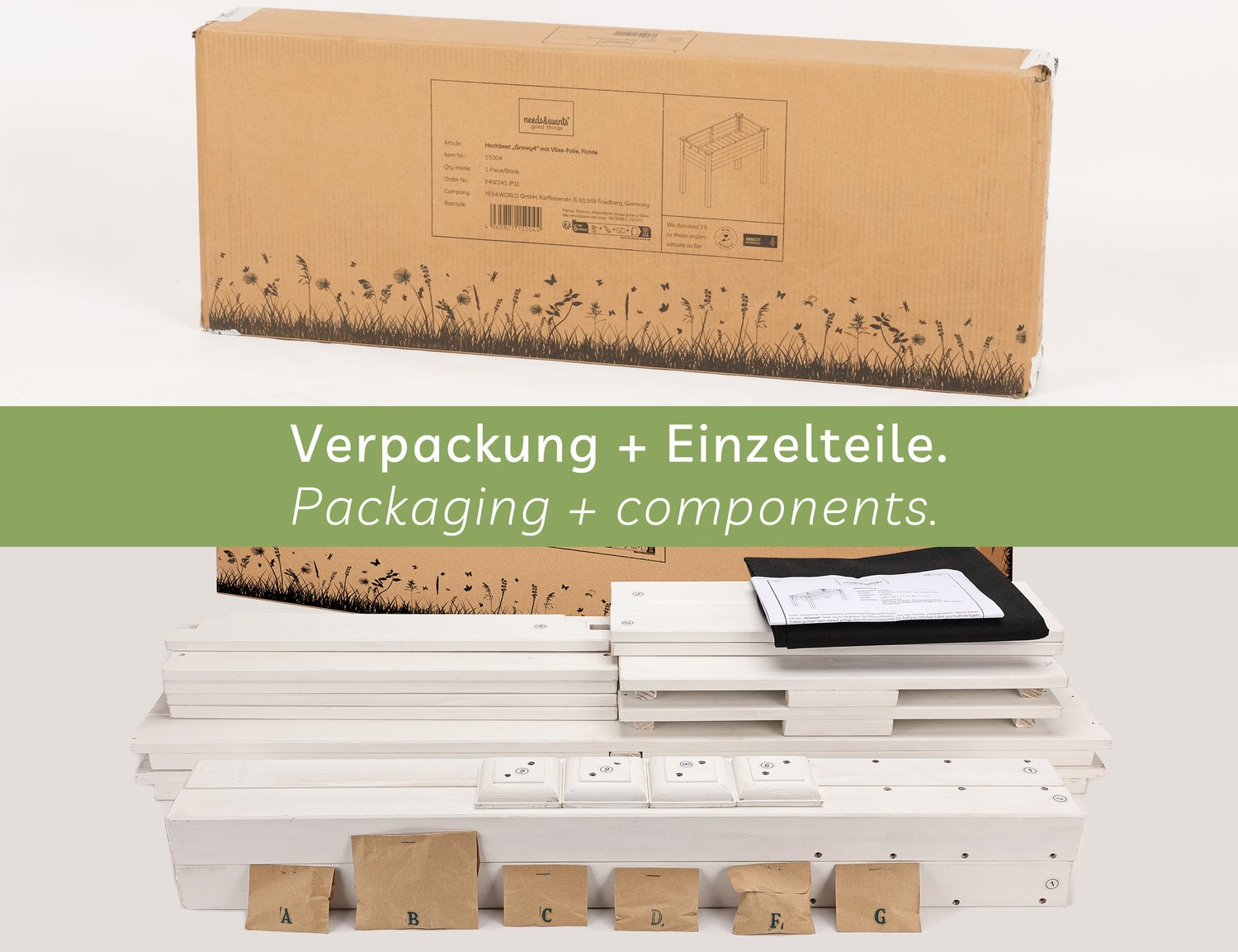needs&wants® Houten verhoogde tuinbak voor tuin, balkon, terras, rechthoekige smalle plantenbakset met fleecevoering, kruidenbak, decoratief, 100 x 50 x 75 cm, wit
