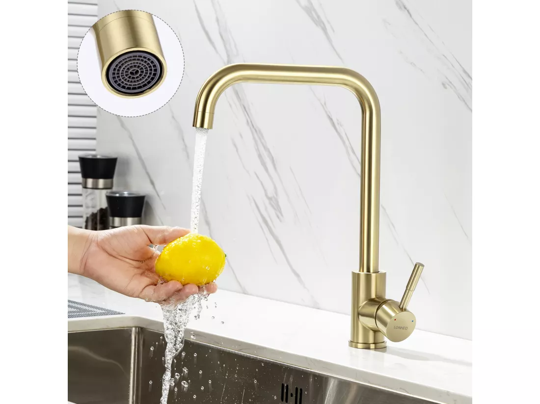 Robinet Cuisine Mitigeur Doré 7-Forme Bec Haut Rotatif 360°Robinetterie Monotrou Mélangeur de Cuisine Evier Robinetterie Mitigeur Eau et Froide