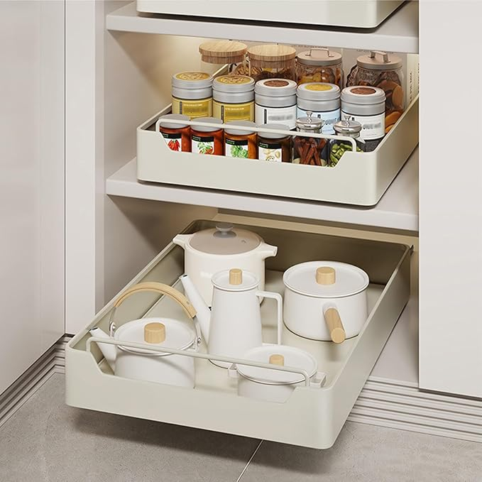 (43x25cm) Ausziehbare Metall Schublade Küchen Schubfach Selbstklebendes Organizer Regal für Lebensmittel / Reinigungsmittel / Kosmetik - Beige