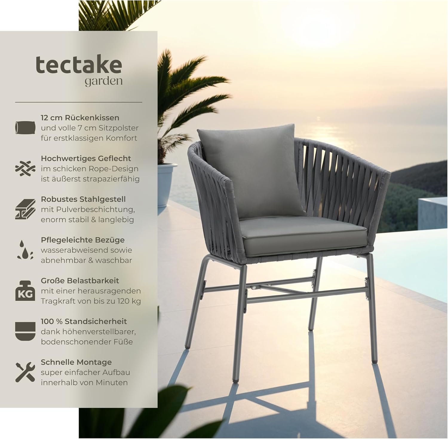 tectake® Gartenstühle Set, Geflecht-Stuhl, Gartenstuhl Rope, Stühle Outdoor, Balkon Sessel, Terrassenmöbel mit Sitzpolster und Kissen für Garten, als Terrassenstuhl, Gartensessel - 2er Set