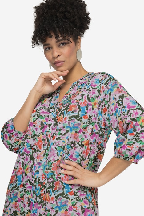 Maxikleid, A-Linie, Blütenmuster, V-Ausschnitt, 3/4-Ärmel