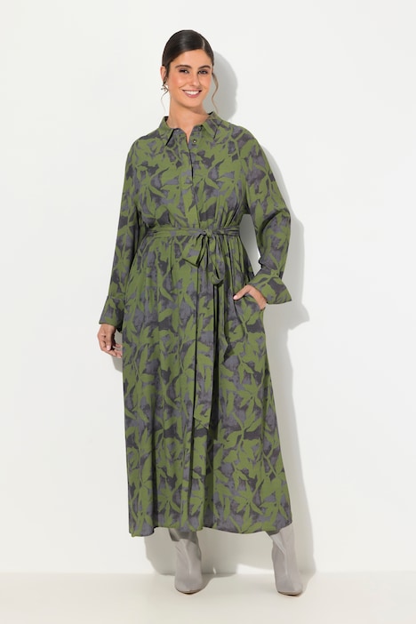Maxikleid, Blätter, A-Linie, Hemdkragen, Langarm