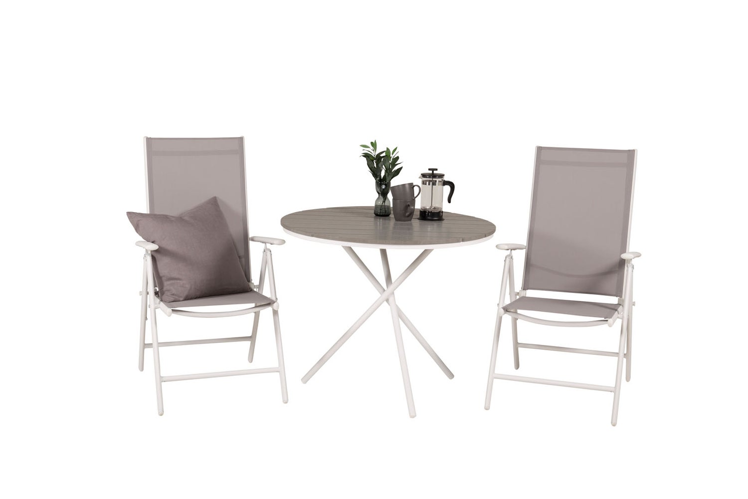 Parma tuinset: tafel Ø90cm en 2 Break stoelen, wit, grijs, crème. 90 x 90 x 74 cm