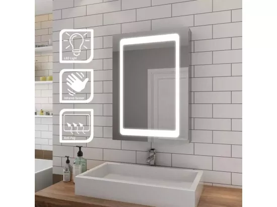 Armoire murale de salle de bain, avec miroir anti-buée et Interrupteur à Détecteur, armoire de toilette avec éclairage, 60x45x13cm