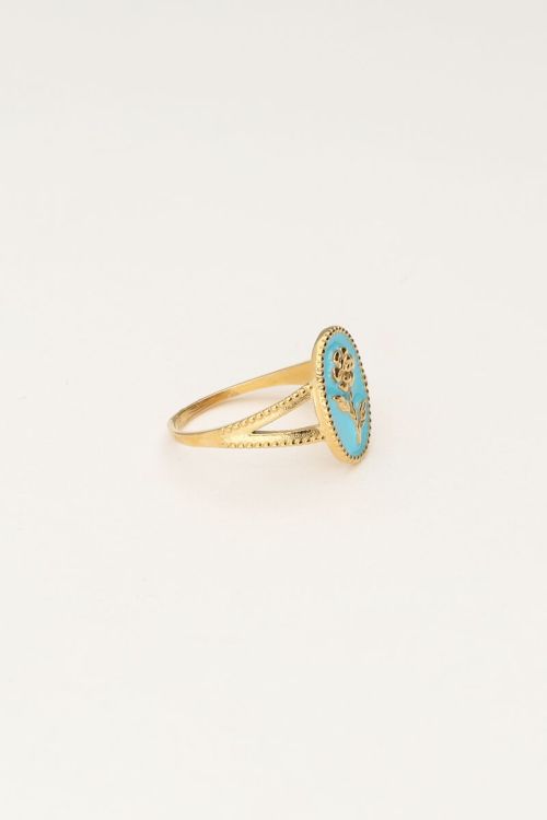 Art blauwe statement ring met bloem