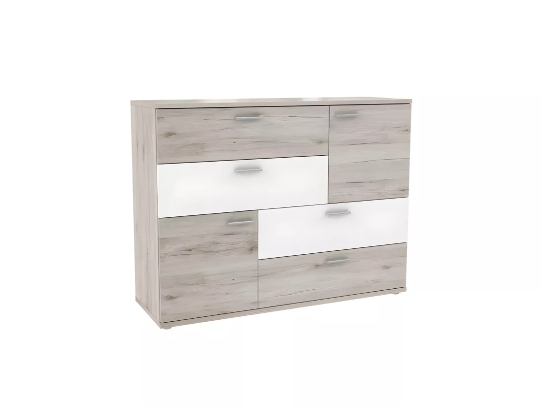 Commode 2 portes 4 tiroirs décor chêne cendré blanc - DEST
