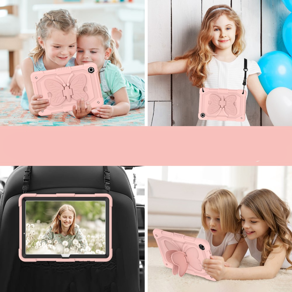 Samsung Galaxy Tab A9  Plus 2in1 Hybrid Outdoor Silikon Case Hülle mit Schmetterling Kickstand und Schultergurt - Rosa