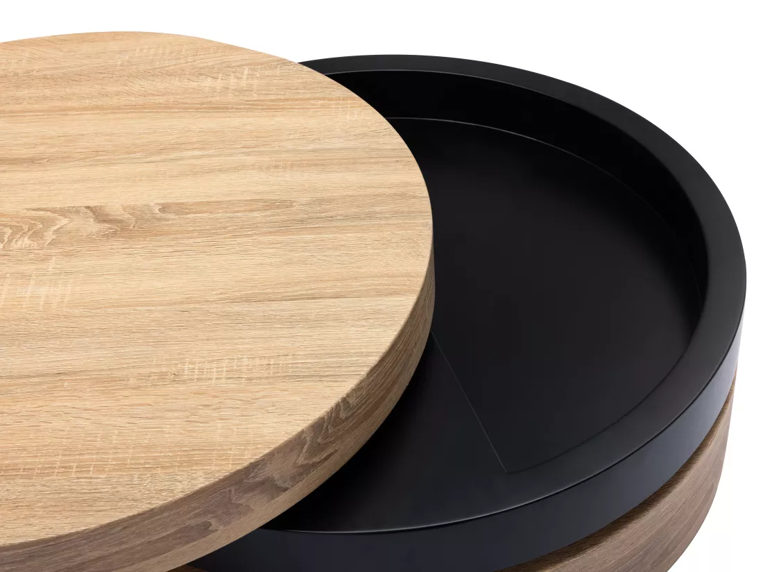Table basse pivotante ronde avec 1 niche en MDF - Noir et naturel clair - JANITA
