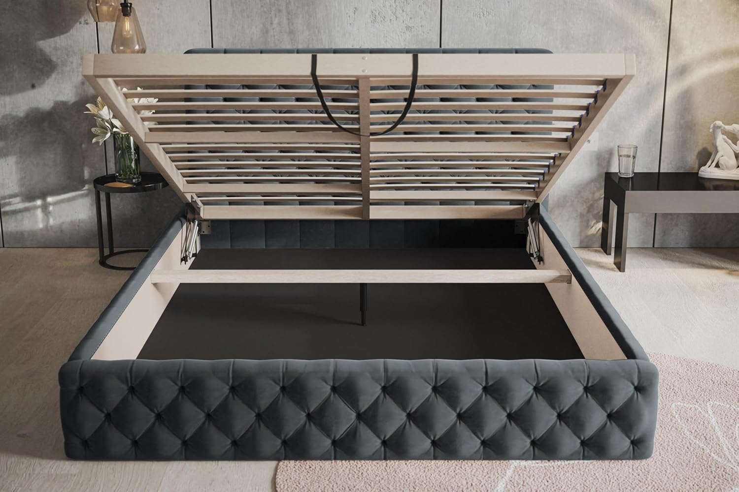 Bett 120x200 - Polsterbett mit Bettkasten und Holzrahmen - Elegant Betten - Weicher Jasminstoff - Kollektion Miami, Dunkelgrau