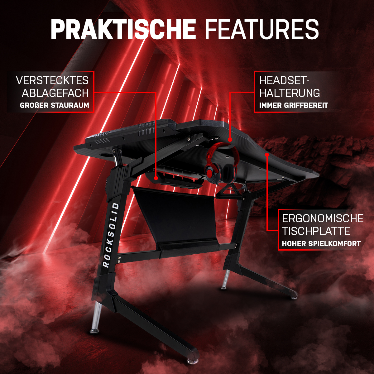 Elite Gaming-Tisch ROCKSOLID, Gamer-Schreibtisch, Carbon, LED-Beleuchtung, Kabel- und Headset-Halter (Schwarz)