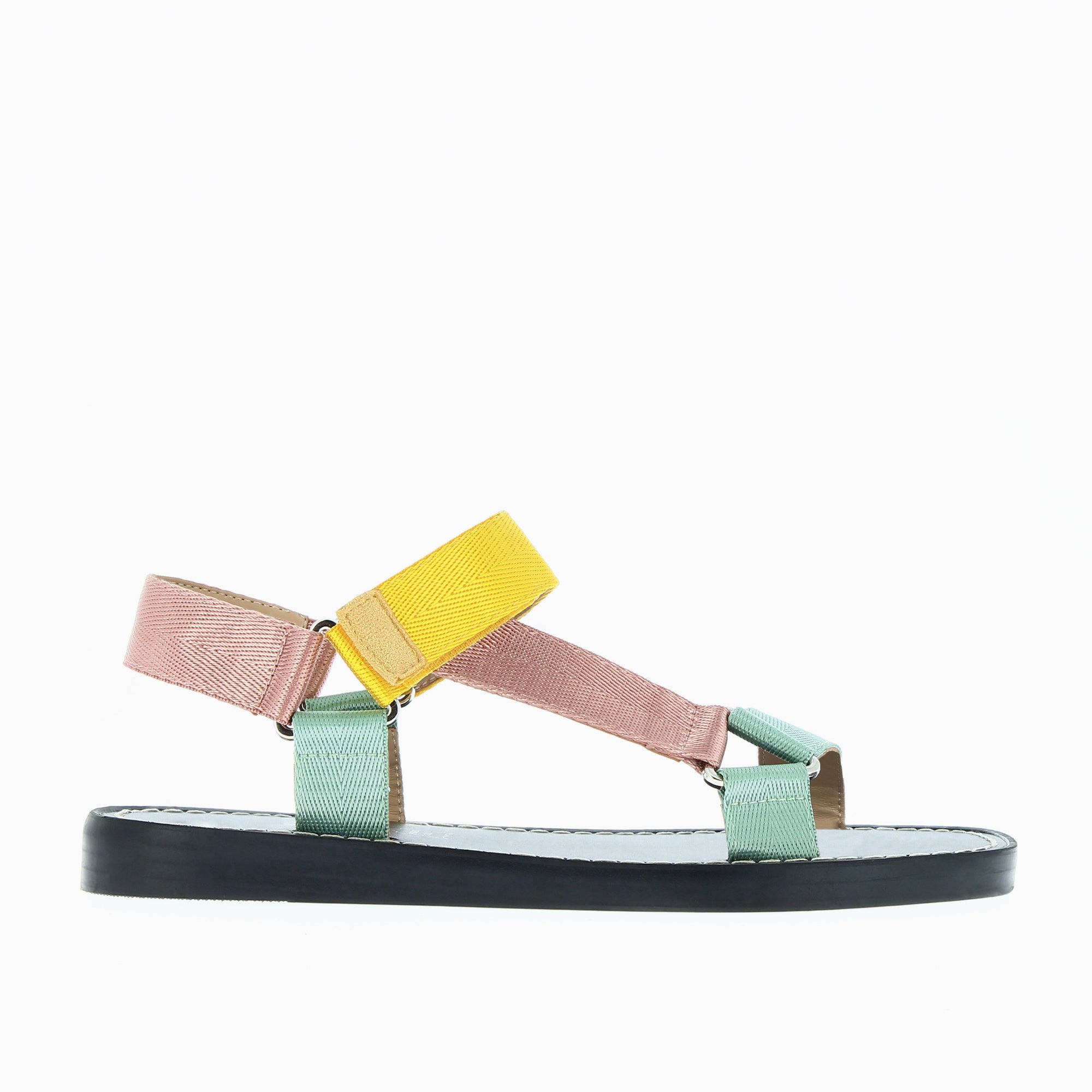 Sandales plates-Sandales plates Laurence en tissus jaune, vieux rose et vert d'eau