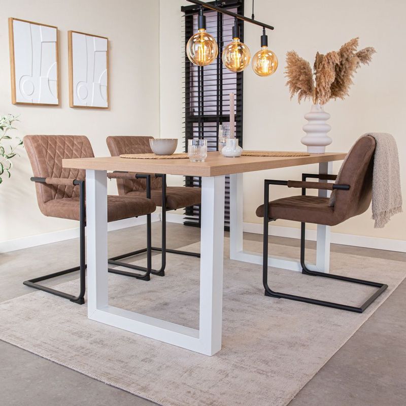 Dimehouse Eettafel Lenzo Rustiek Eiken U-poot wit 170 x 80 x 3,8 cm - Hout - Industrieel - Rechthoek