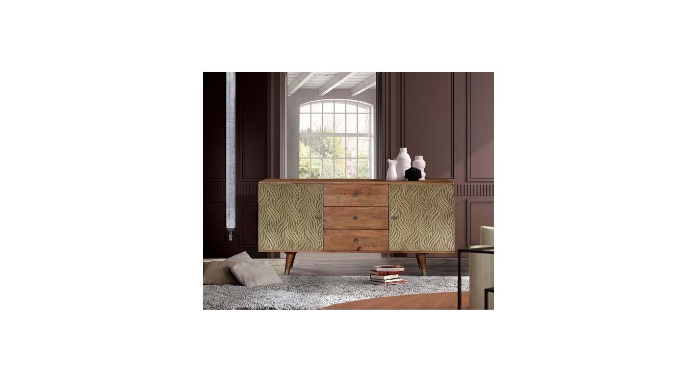 Bahut 3 tiroirs bois, bronze marron 160x40x78cm - bois-bronze
