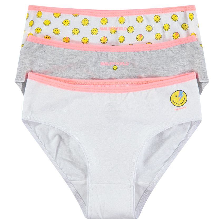 Junior - Lot de 3 culottes en coton avec prints Smiley - Blanc