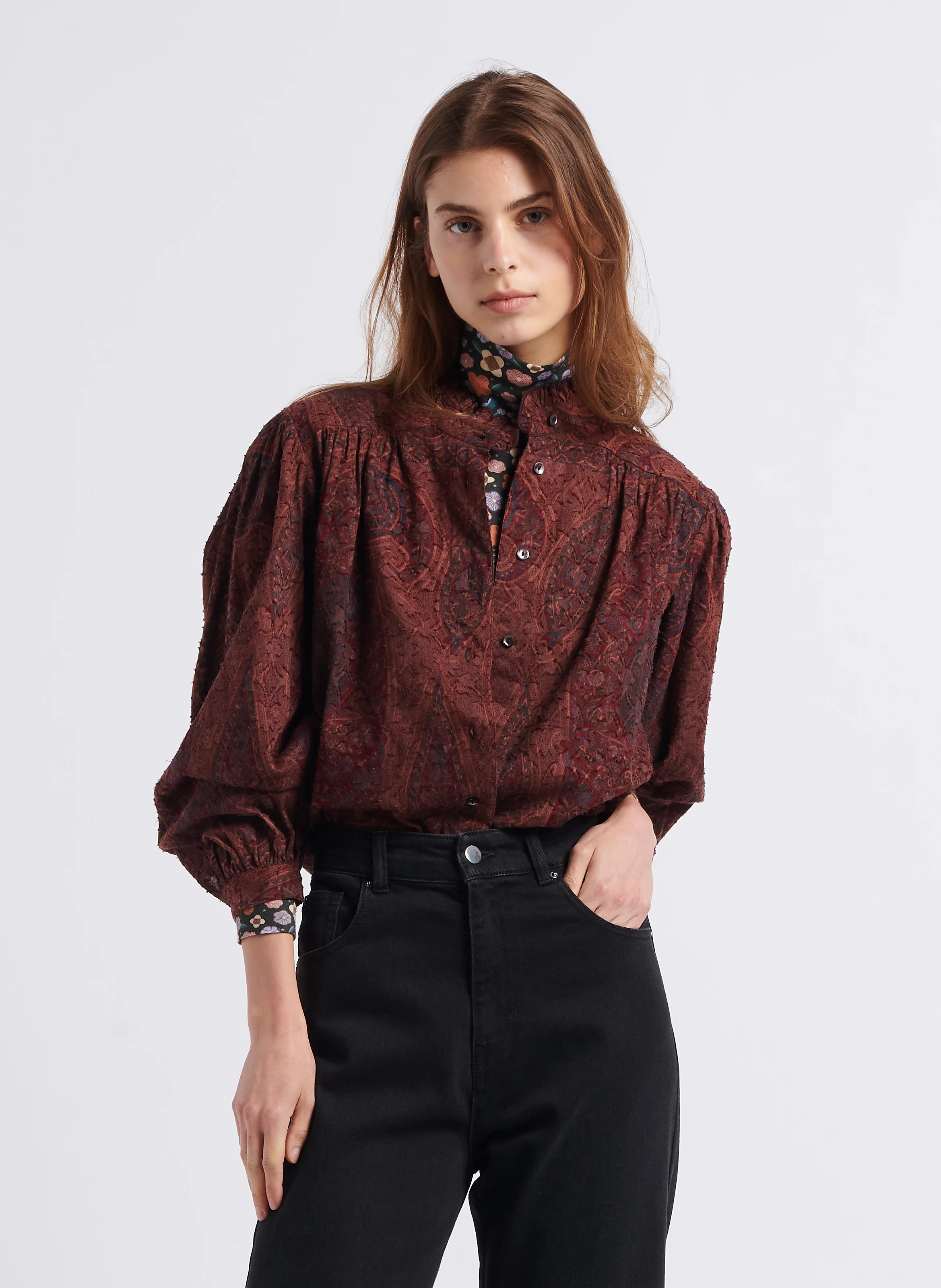 TAJARO - Chemise droite col montant en coton | Rouge