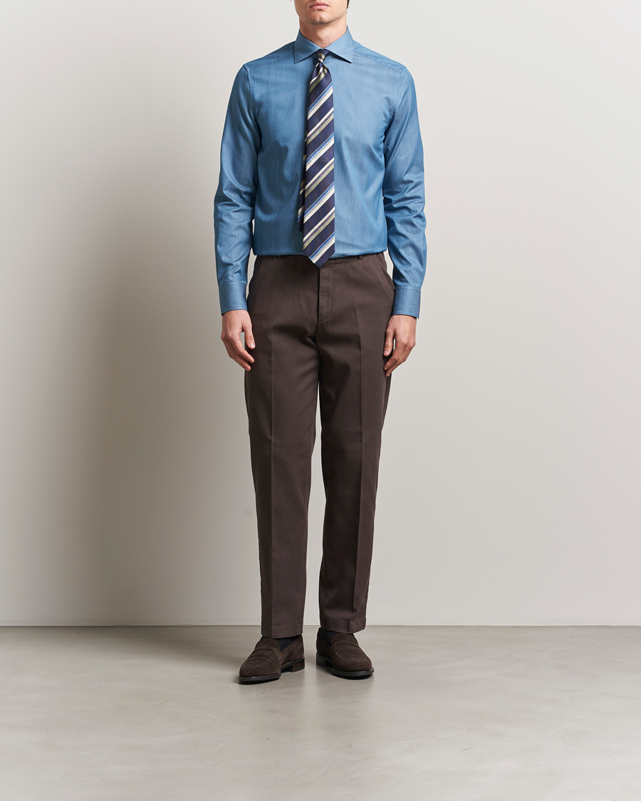 Stenströms 1899 Slim Twofold Cotton Denim Shirt  Mid Blue