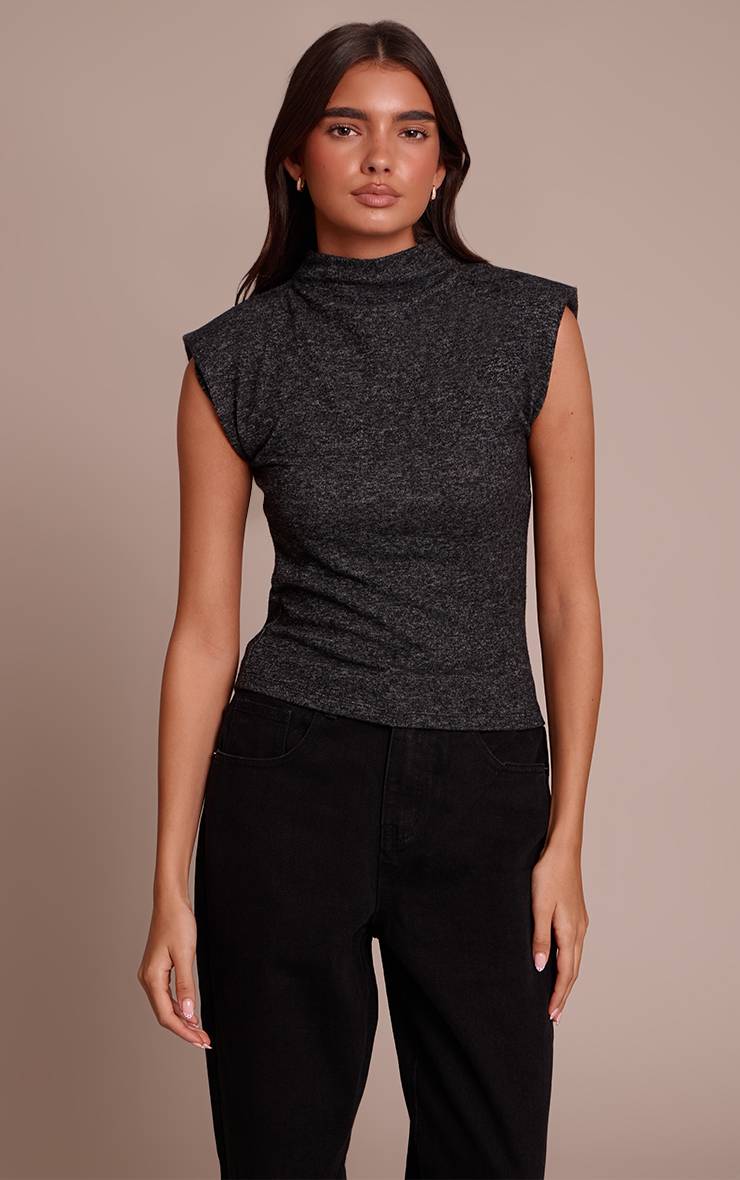 Charcoal Grey Haut Long En Maille Douce Col Montant Avec Détail D'épaules