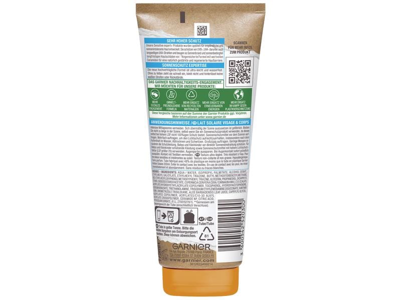 Garnier Ambre Solaire Sonnenmilch Sensitive expert SPF 50 Sonnenpflege beugt sonnenbedingter, vorzeitiger Hautalterung vor