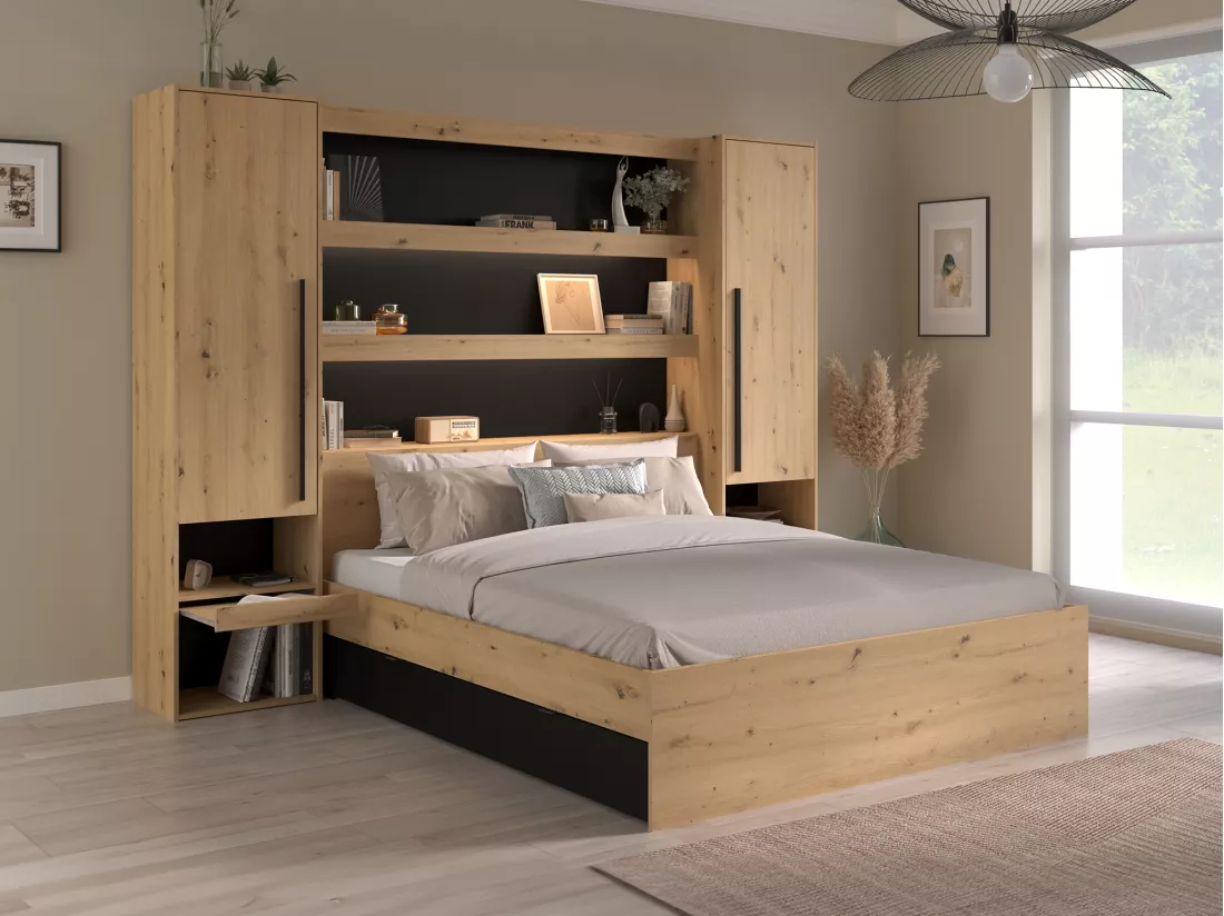 Lit pont 160 x 200 cm avec rangements - Avec LEDs - Coloris : Naturel et noir - VARLY