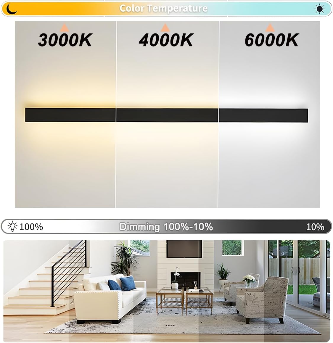 LED Wandleuchte Innen Dimmbar,38W Wandlampe mit Fernbedienung 2.4GHz,10-100% Helligkeitseinstellung Wandleuchte Schwarz für Schlafzimmer Wohnzimmer Korridor Treppenhaus,100CM 110-240V