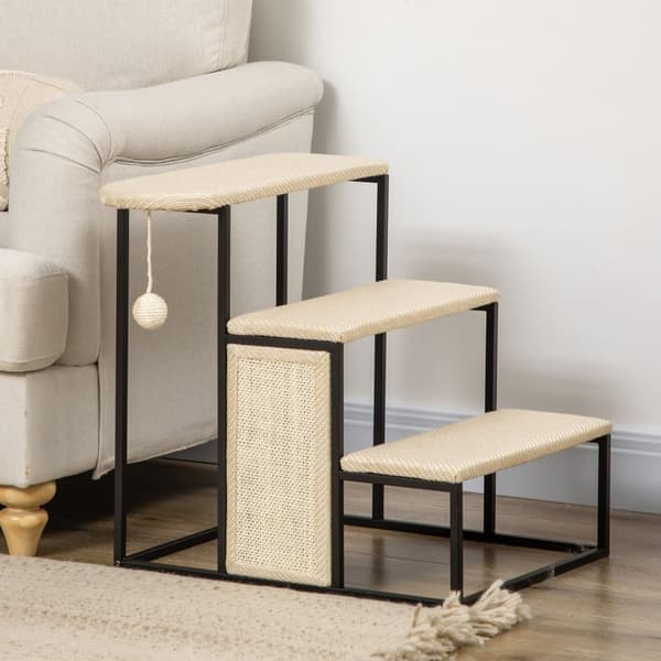 Pet Stairs 3-Trinns Kattetrapper Hundetrapper Med Skrapebrett Og Hengende Lekeball Dyretrapper Stål Sisal Creme White + Black 51X54X53Cm