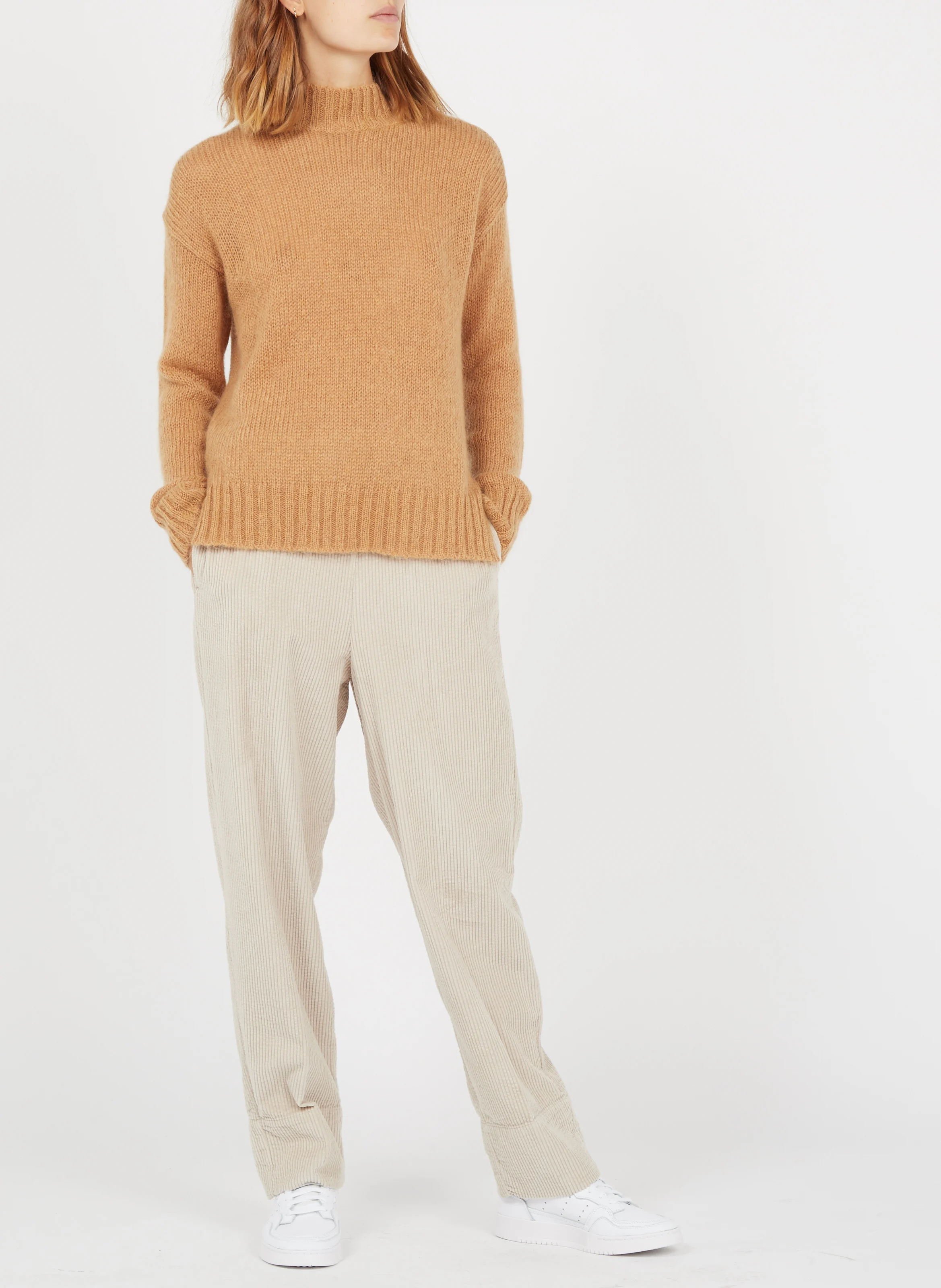 PADOW - Pantalon large taille haute en velours côtelé | Beige