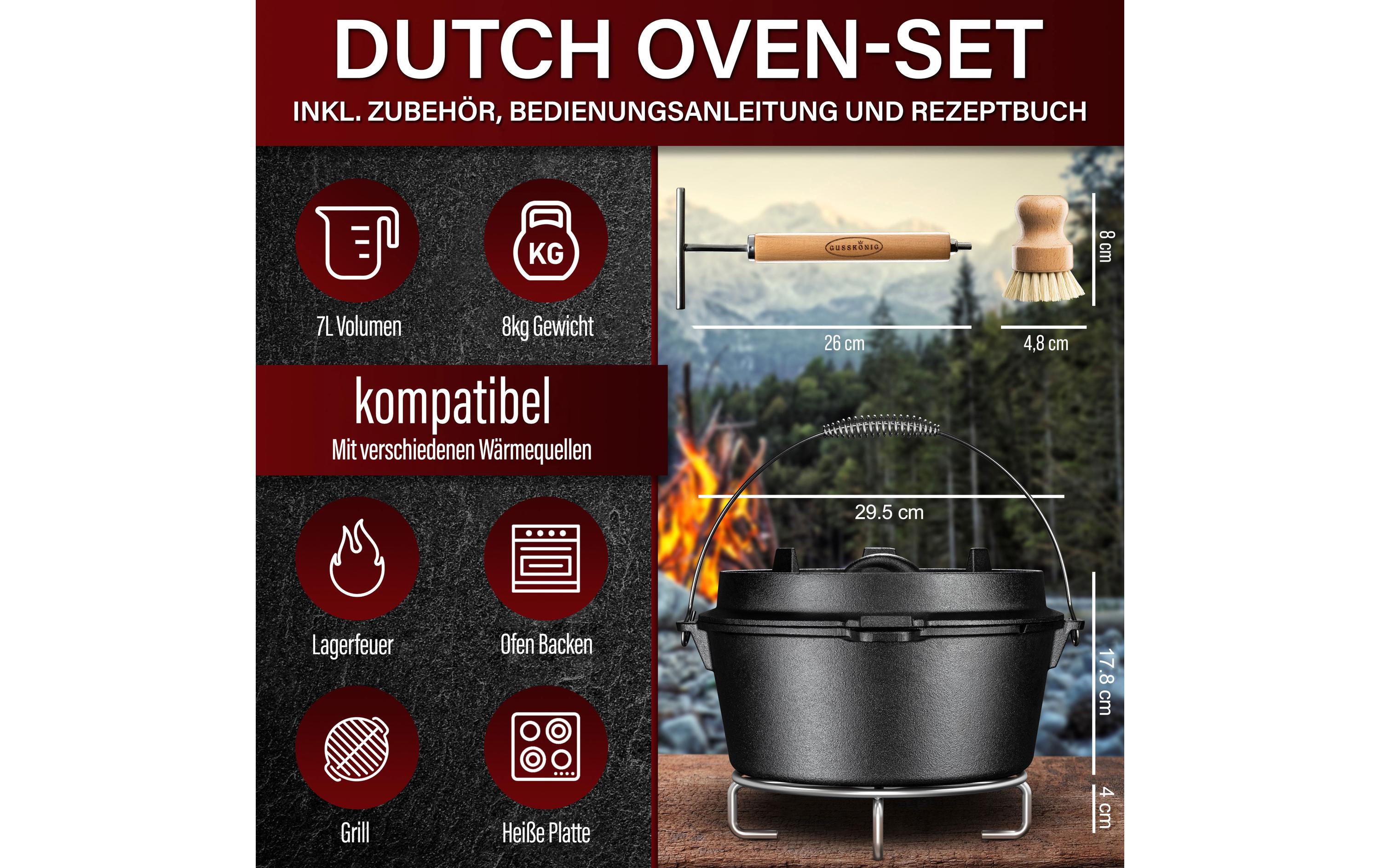 Dutch Oven Set 9 l mit Heber, Bürste, UntersetzerSet mit 2in1 Deckelheber, Reinigungsbürste und Untersetzer