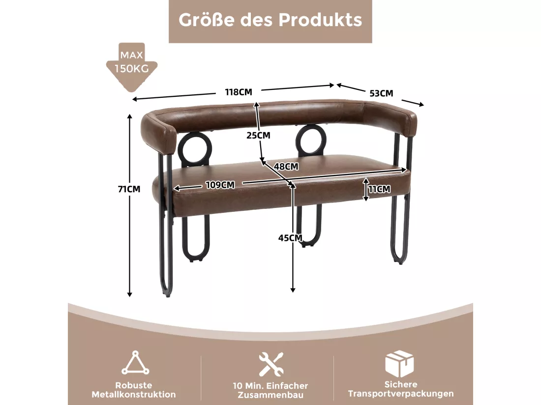 Haobosic - Canapé Double en PU Cuir Brun Foncé avec Dossier Arrondi, Cadre Métallique Robuste, Design Moderne et Élégant, Capacité de 250 kg