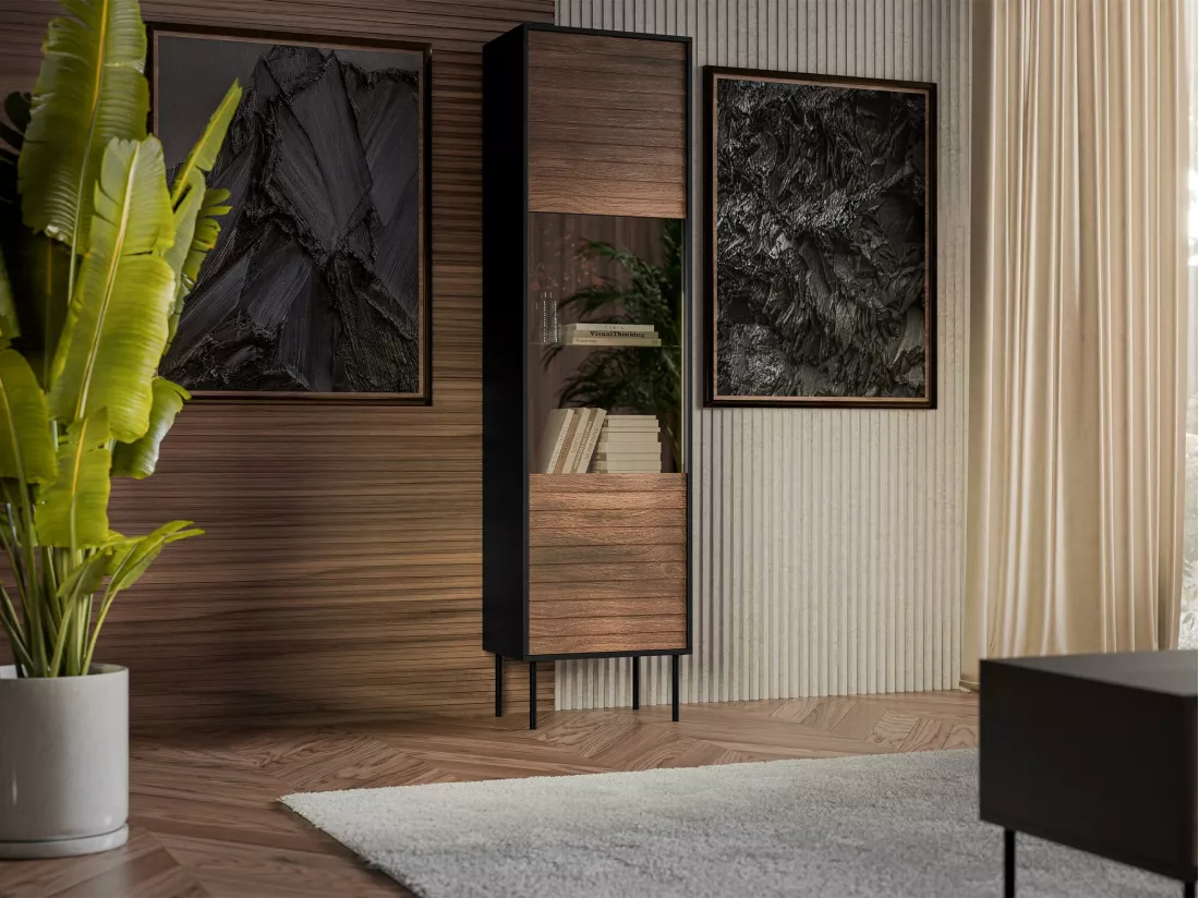 Étagère Flosoru 107, Fermé|Avec des portes, Stratifié|Verre trempé|MDF, 182x53x40cm