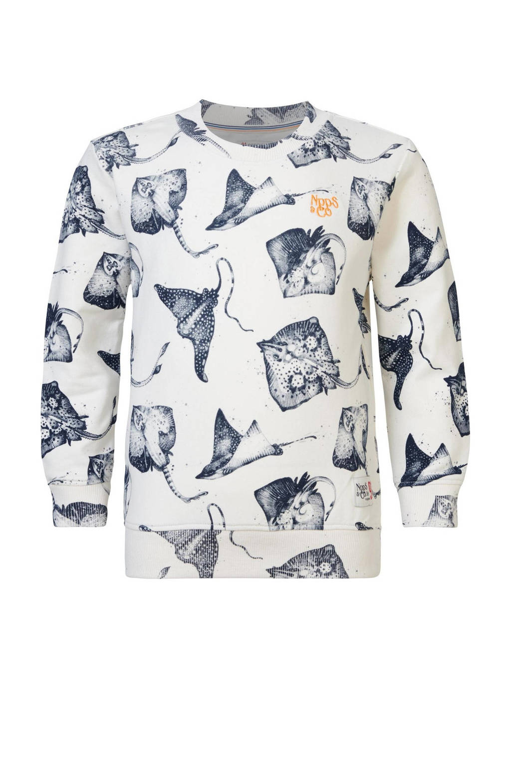 Noppies sweater met all over print wit/blauw