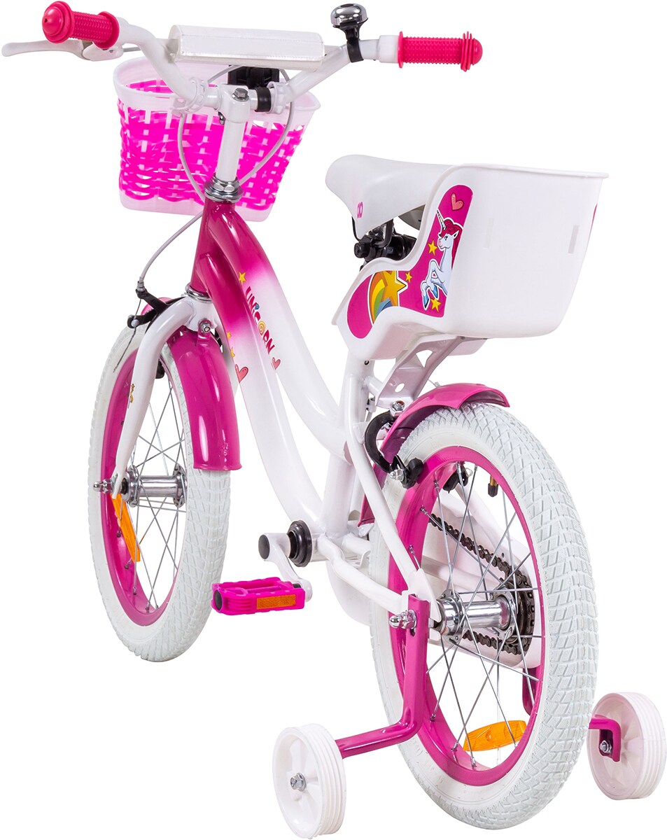 Actionbikes Kinderfahrrad Unicorn 16 Zoll, Pink, Einhorn-Design, Puppensitz, Stützräder, Fahrradkorb