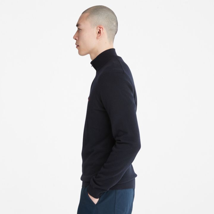 Suéter masculino Cohas Brook com zíper no pescoço, na cor azul marinho.