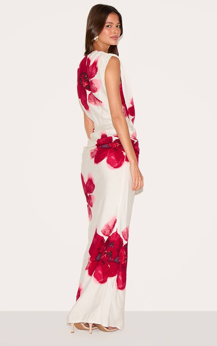 Rouge Robe Longue Imprimée À Col Bénitier Et Détails Froncés